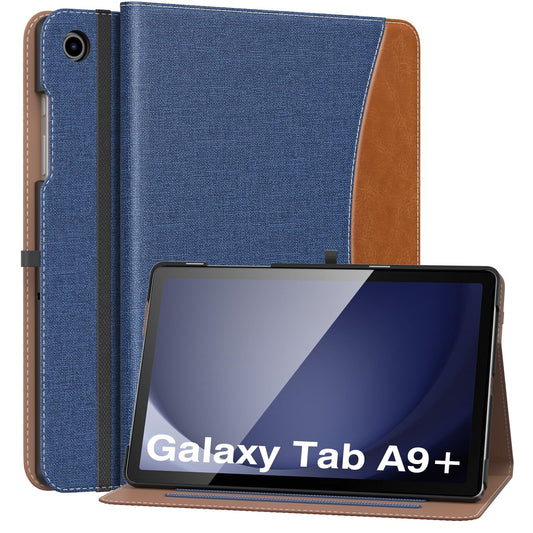 MoKo Hülle für Samsung Galaxy Tab A9 Plus 11 Zoll 2023 (SM-X210/SM-X216/SM-X218), PU Leder Mehrere Winkel Hülle mit Handschlaufe, Fronttasche Auto Schlaf/Aufwach Funktion, Denim Blau & Braun