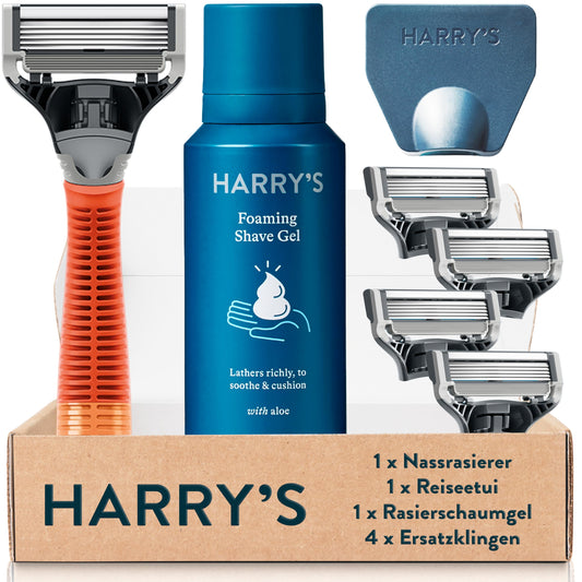 Harry’s Nassrasierer für Männer – Rasier-Set mit orangefarbenem Griff, 4 Ersatz-Rasierklingen, Reise-Klingen-Cover, 60ml Rasiergel Rasierer, Rasierklingen, Rasierklingen für Herren, Rasier Klingen