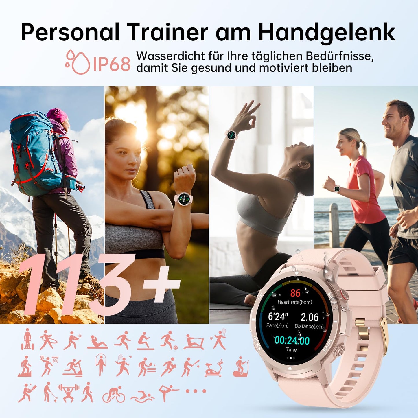 LLKBOHA Smartwatch Damen mit Telefonfunktion - 1,39 Zoll Fitnessuhr mit Benachrichtigung Smart Watch, 113+ Sportmodus, IP68 Wasserdicht mit Herzfrequenz, SpO2, Schlafmonitor für iOS und Android