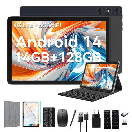 2025 Neueste Android 14 Tablet 10 Zoll,4G LTE Tablets Mit 2 SIM 1 SD slot,5G Wifi Tablet PC Mit 14GB+128GB(1TBTF),3-in-1 Tablet Mit Tastatur Maus-Octa-core,1080FHD,13MP+8MP,7000mAh,Type-C/GPS/OTG-Grau