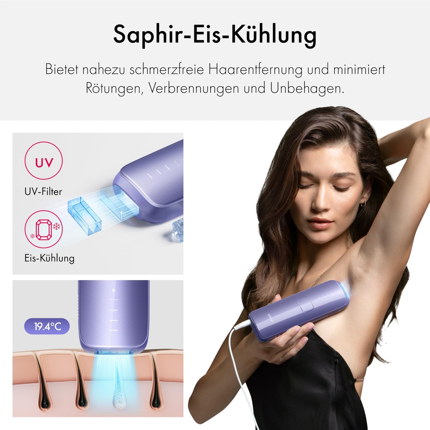 Ulike Air 3 Laser-Haarentfernung für Frauen & Männer,IPL Haarentfernungsgerät mit Saphir-Eiskühlsystem für schmerzfreie langanhaltende Ergebnisse, auf Gesicht und Körper Auftragen zu Hause, Lila