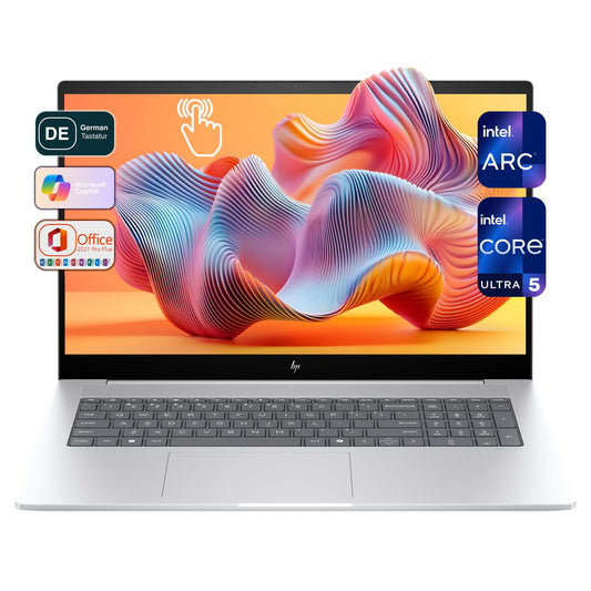 HP Envy Business Laptop, Intel Core Ultra 5-125H, 32 GB DDR5 RAM, 1 TB PCIe SSD, 17.3" FHD IPS Touchscreen, Intel Arc Grafik, WiFi 7, Backlit QWERTZ Tastatur, Windows 11 Home, Office 2021, Silver