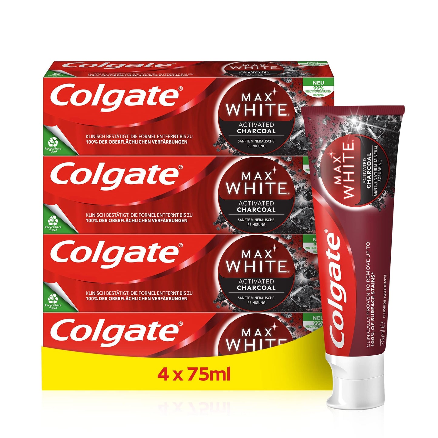 Colgate Max White Charcoal Zahncreme 4x75ml | Mit Aktivkohle | Zahnpasta Colgate entfernt bis zu 100% der oberflächlichen Verfärbungen* | Colgate Zahnpasta für weißere Zähne