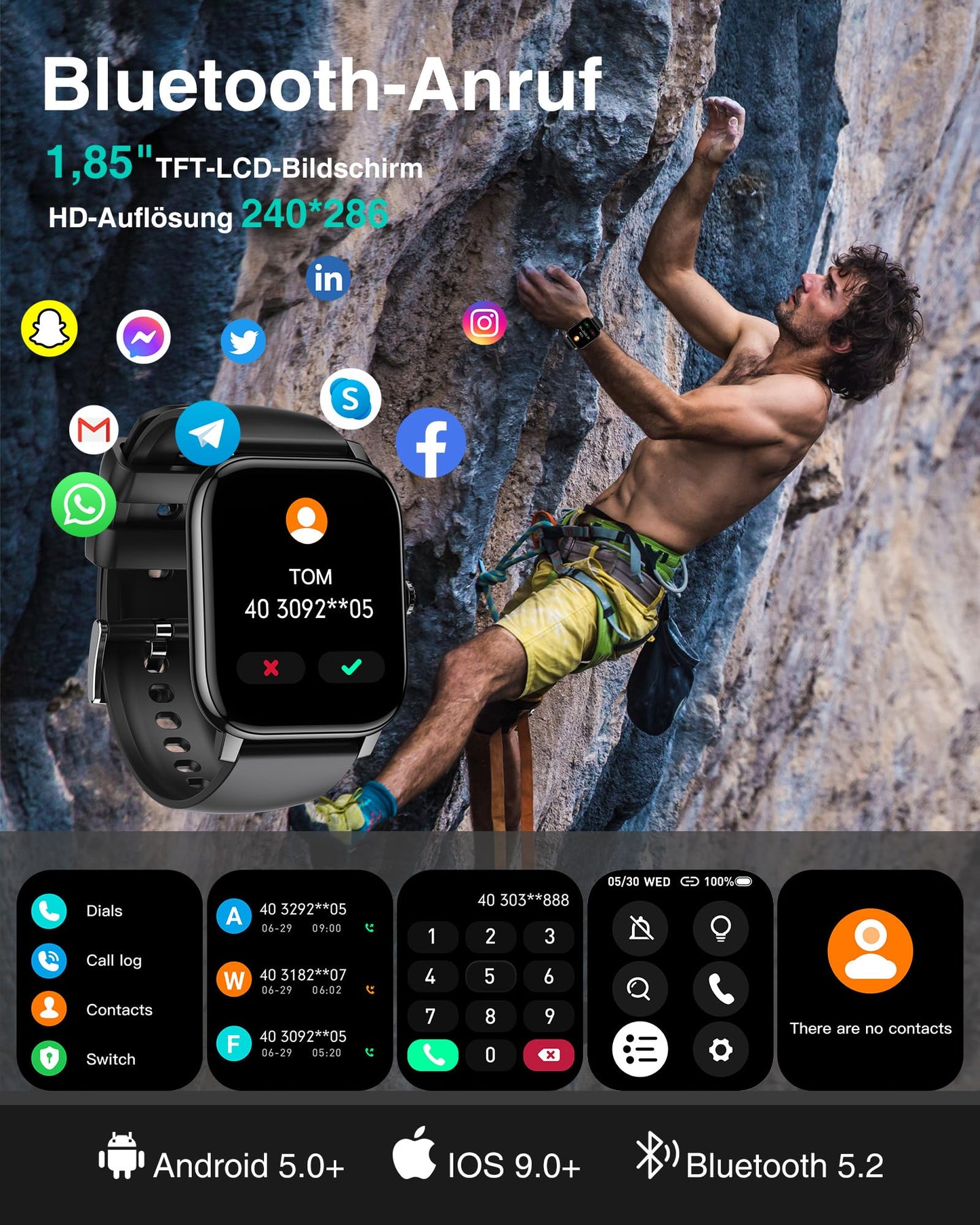 LLKBOHA Smartwatch Herren - 1,85 Zoll Touchscreen Smart Watch mit Telefonfunktion, Fitness Watch mit Herzfrequenzmonitor Schlafmonitor Schrittzähler,IP68 Wasserdicht für Android iOS