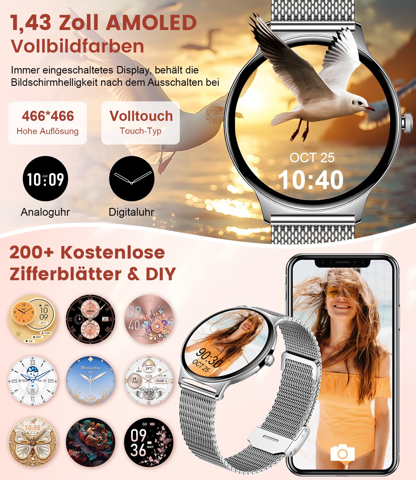 Smartwatch Damen Mit Telefonfunktion,1.43"AMOLED Fitnessuhr Mit Herzfrequenz/Spo2/Schlafmonitor Kompatibel Android iOS,SchrittzäHler Kalorien IP68 Wasserdicht Smart Watch 100+Sport Modi Silbrig