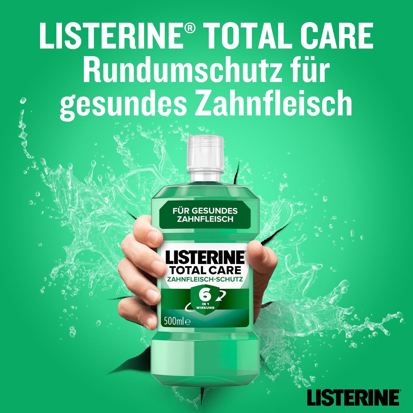 LISTERINE Total Care Zahnfleisch-Schutz (500 ml), antibakterielle Mundspülung mit Fluorid für gesundes Zahnfleisch, Zahnpflege Mundwasser reduziert Zahnbelag mit 6 in 1 Wirkung