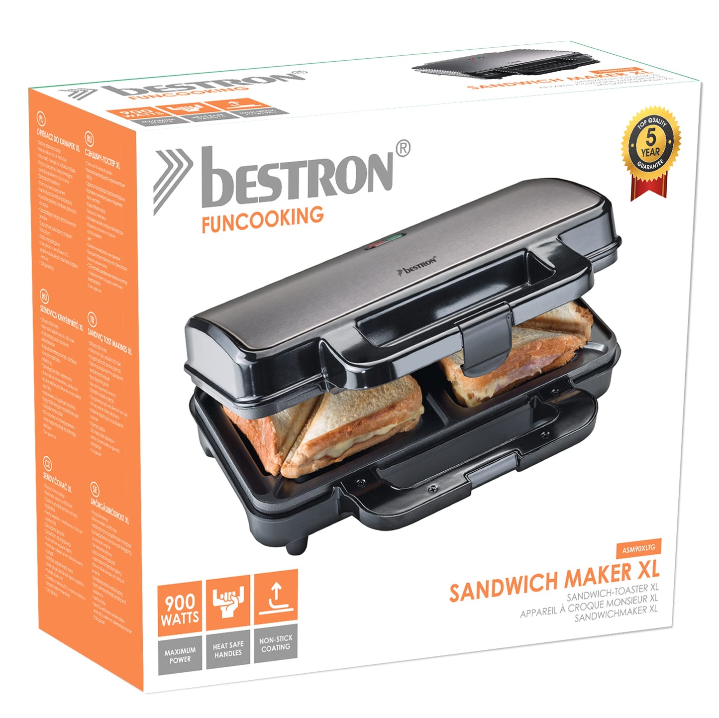 Bestron XL Sandwichmaker, Antihaftbeschichteter Sandwich-Toaster für 2 Sandwiches, inkl. automatischer Temperaturregelung & Bereitschaftsanzeige, 900 Watt, Farbe: Titangrau