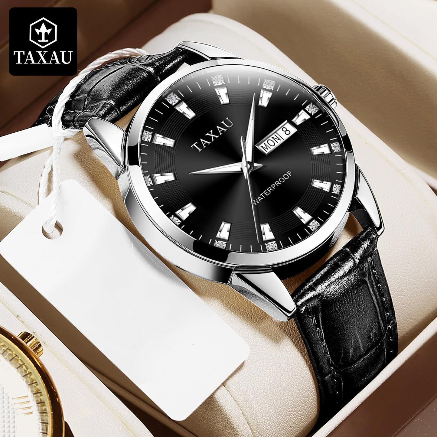 Taxau Herren Lederuhr Mode Schwarzes Zifferblatt Analoge Quarzuhr mit Datum Klassische wasserdichte Kleid Armbanduhr Reloyes para Hombres