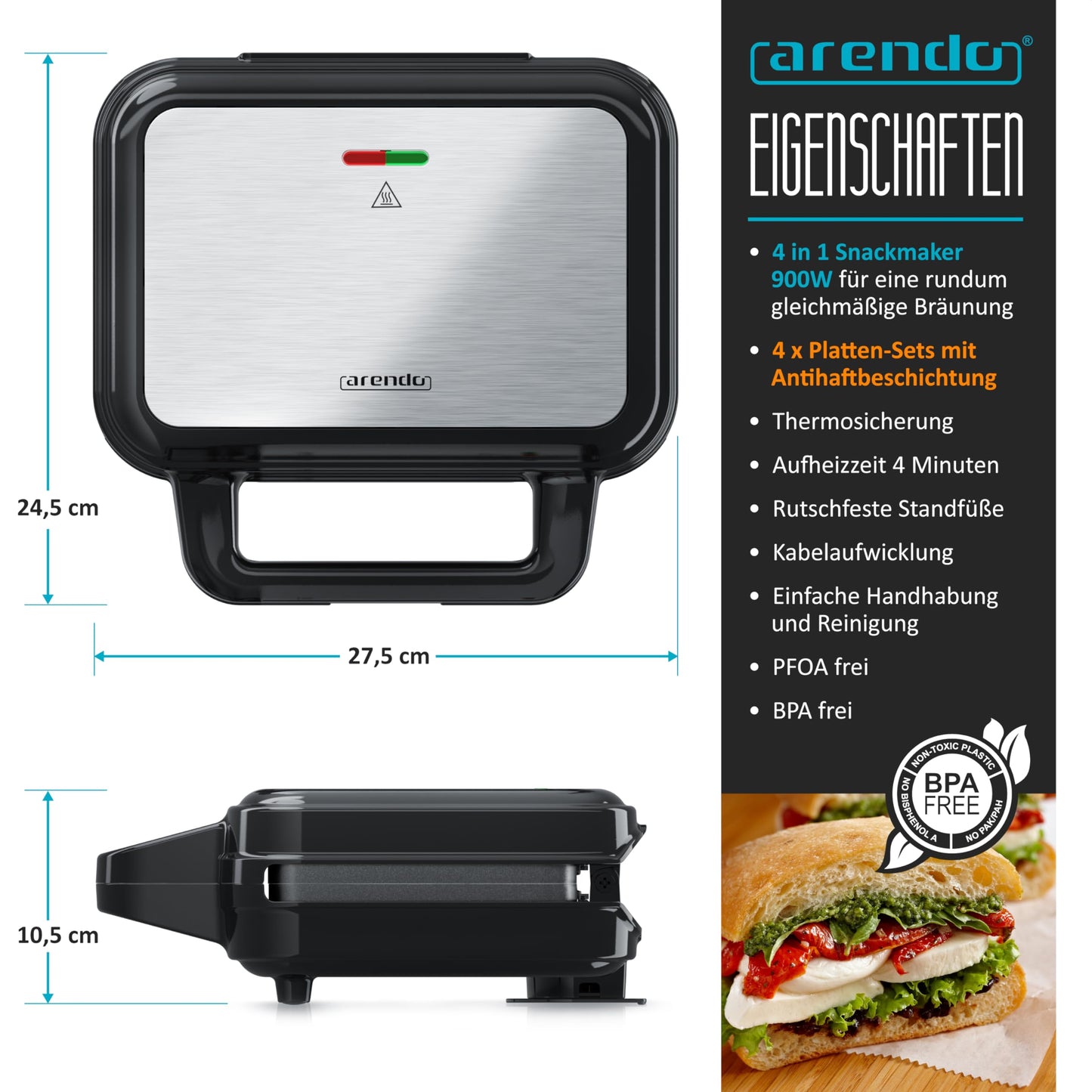 Arendo -Sandwichmaker mit Wechselplatten - Waffeleisen doppelt - 4 in 1 - Panini Maker Kontaktgrill - Antihaftbeschichtung - BPA und PFOA frei - Temperaturkontrolle – Sandwich Maker - Sandwichtoaster