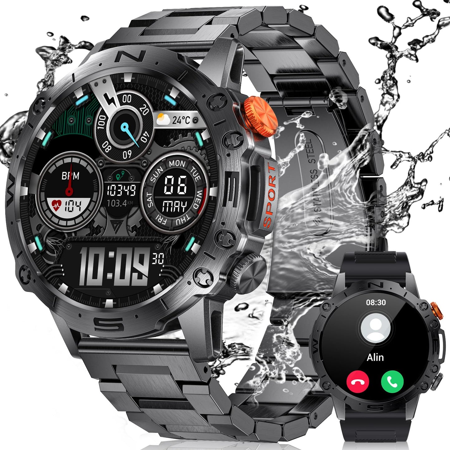 LIGE Smartwatch Herren 1.43 Zoll AMOLED Sportuhren mit Telefonfunktion Kompatibel Android iOS,5ATM Wasserdicht,100+Sport Modi, Herzfrequenz/schlafen/Schrittzähler Militär Schwarz Männer Smartwatch…