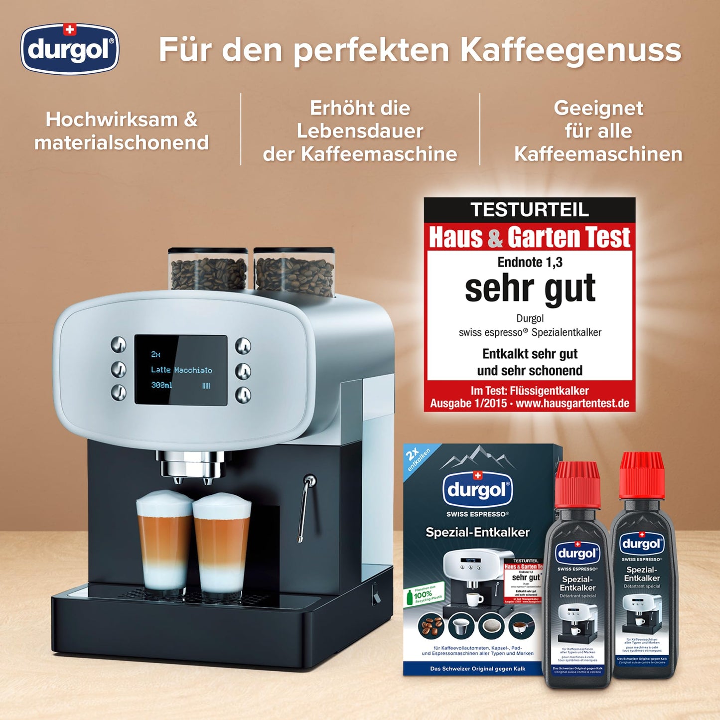 durgol swiss espresso Spezial-Entkalker – Kalkentferner für Kaffeemaschinen aller Typen und Arten – Einfache Reinigung ohne Einwirkzeit & Rückstände – Deutsche Version – 2x125ml