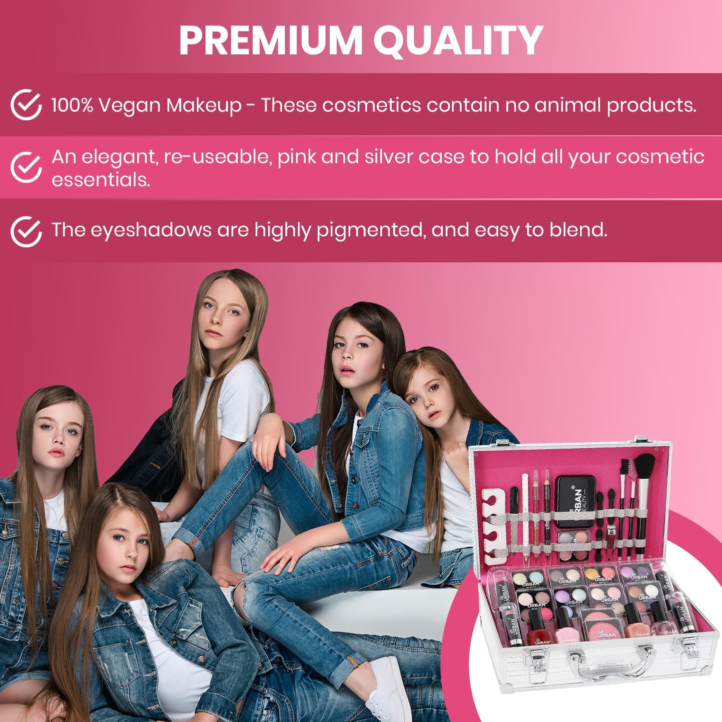 LOVE URBAN BEAUTY Essentials Veganer Make-up-Koffer – 64-teiliges veganes Make-up-Set für Teenager – Elegante silberne Box – Kompaktes und leichtes Design – Reisefreundliches Damen-Make-up-Set