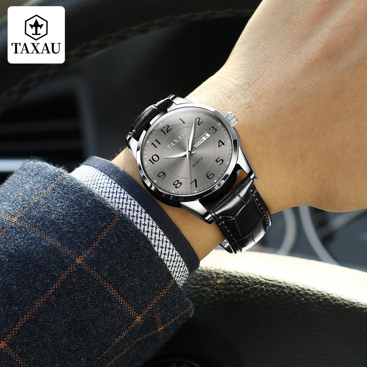 Taxau Uhren für Herren Mode Lederuhren Graues Zifferblatt mit Datum Klassische Business Männer Uhren Wasserdicht leuchtendes Kleid Analoge Quarz Armbanduhren Relojes para Hombres