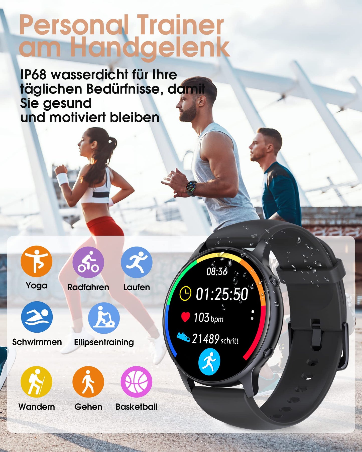 TUYOMA Smartwatch Herren, 1,3 Zoll Touchscreen Smart Watch Damen, IP68 Wasserdicht Smartwatches Schrittzähler mit Herzfrequenz,Whatsapp, SpO2, Schlafmonitor, für iOS und Android