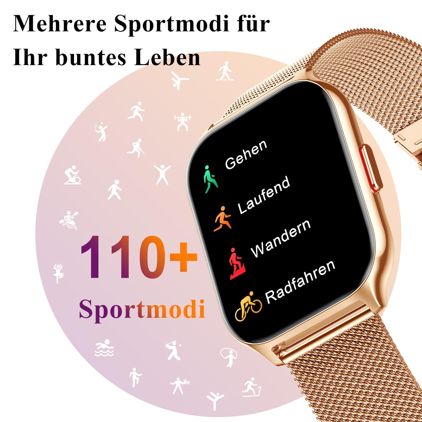 Popglory Smartwatch mit Telefonfunktion, Fitnesstracker 2.01 Zoll Touch-Farbdisplay,Blutdruckmessung Herzfrequenz Schlafmonitor SpO2, Sportuhr IPx8 Wasserdicht Schrittzähler für Damen Herren