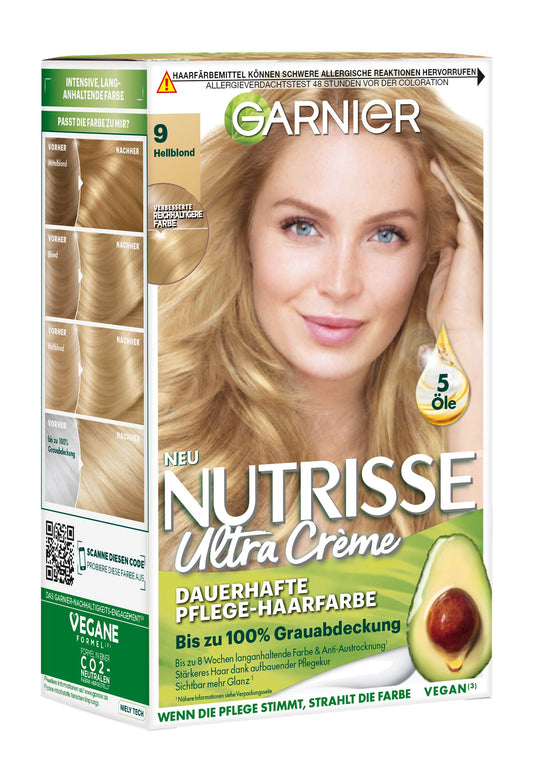 Garnier Nutrisse Dauerhafte Pflege-Haarfarbe mit nährenden Fruchtölen, Coloration mit 8 Wochen Halt, Ultra Crème Tönung, 9 Hellblond