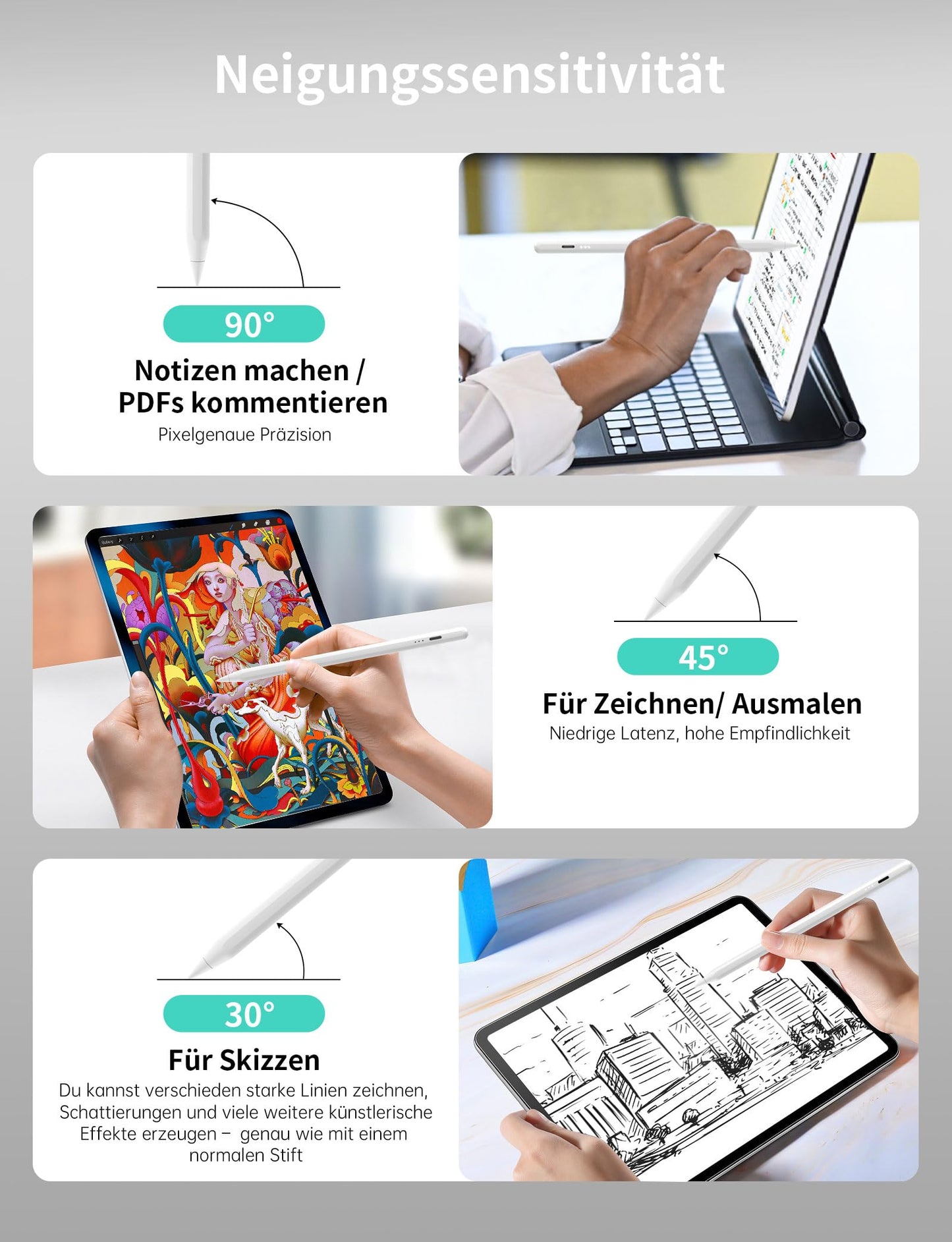 MEKO Stylus Stift für iPad Apple 2018-2024 mit Schnellladeleistung Palm Rejection und Neigungssensitivität für iPad Pro 13''/12,9''/11''/ iPad 10/9/8/7/6. Gen/iPad Mini 6/5. Gen/iPad Air 5/4/3. Gen