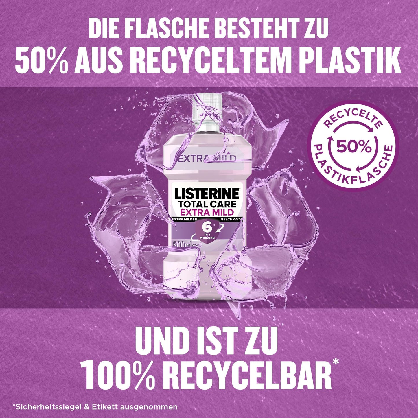 LISTERINE Total Extra Mild (500 ml), schützende Mundspülung ohne Alkohol gegen Karies mit 6 in 1 Wirkung, antibakterielles Mundwasser schützt vor Zahnfleischproblemen, bis zu 24h frischer Atem