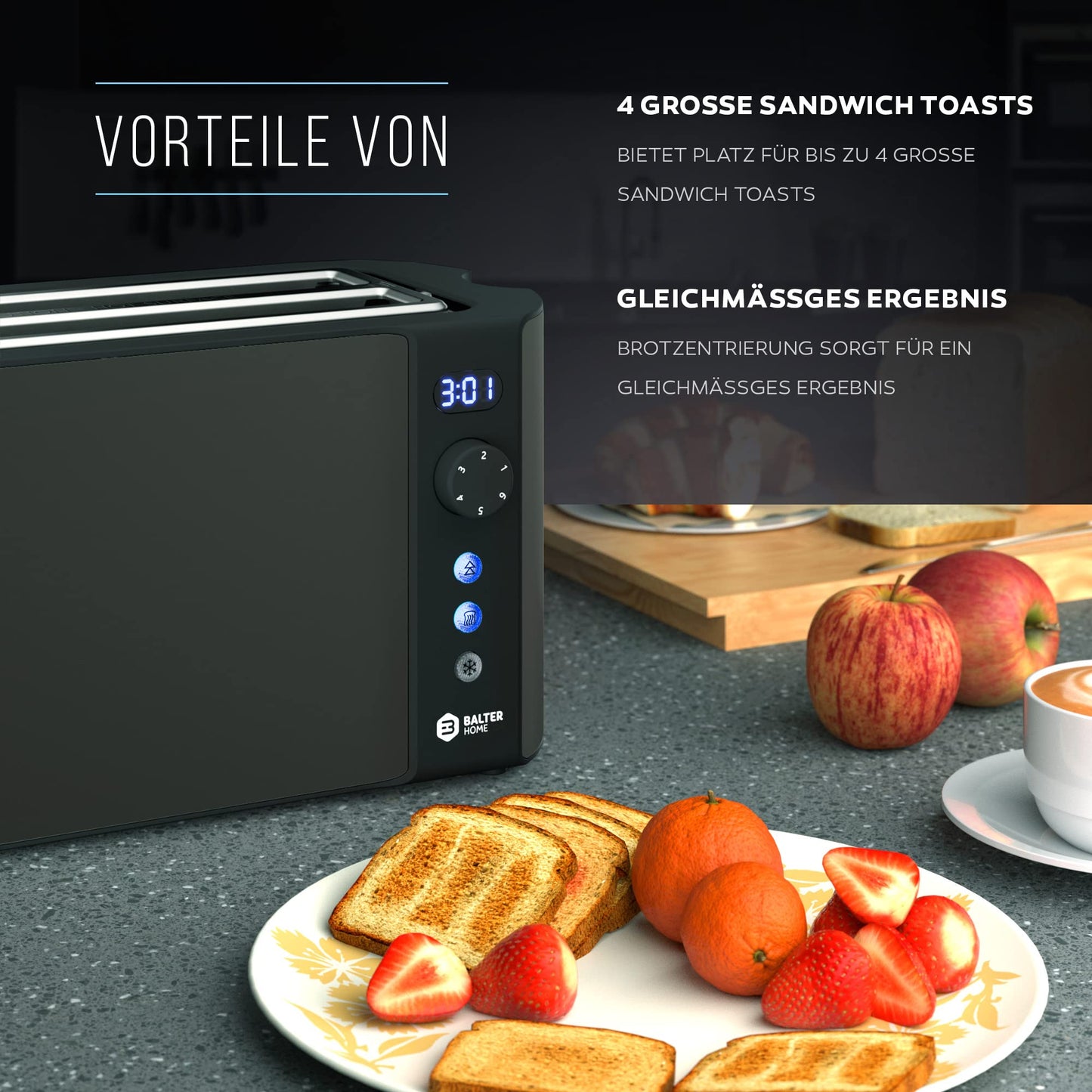 Balter Toaster 4 Scheiben, Langschlitz, Edelstahl, Brötchenaufsatz, LCD Display mit Restzeitanzeige, Auftaufunktion, Brotzentrierung, Krümelschublade, TS-04-LCD, Farbe: Grau