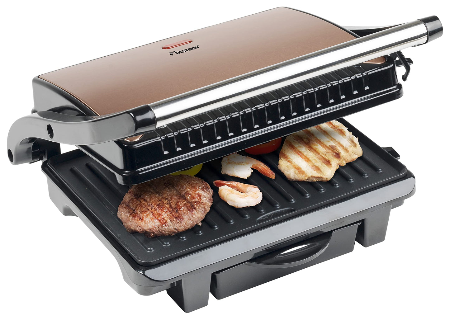 Bestron elektrischer Kontaktgrill mit Auffangschale, Sandwichmaker mit Cool-Touch-Handgriff & Antihaftbeschichtung, Paninimaker mit 1000 Watt, ASW113CO, Farbe: Kupfer, Ø 28,5 cm