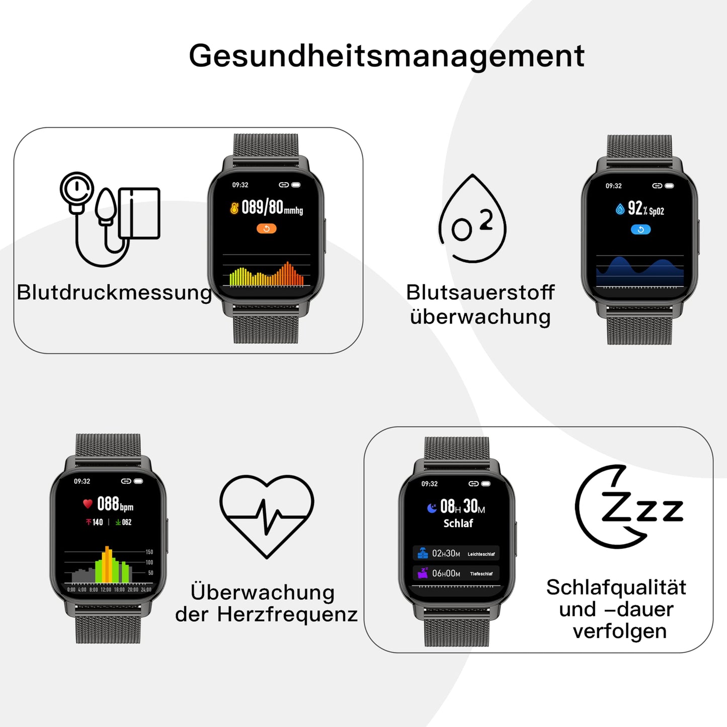 Popglory Smartwatch für Damen Herren, 1.85 Zoll Touch-Farbdisplay mit Bluetooth Anrufe,Fitnessuhr mit SpO2 Blutdruckmessung Herzfrequenz Schrittzähler Schlafmonitor, Musikwiedergabe