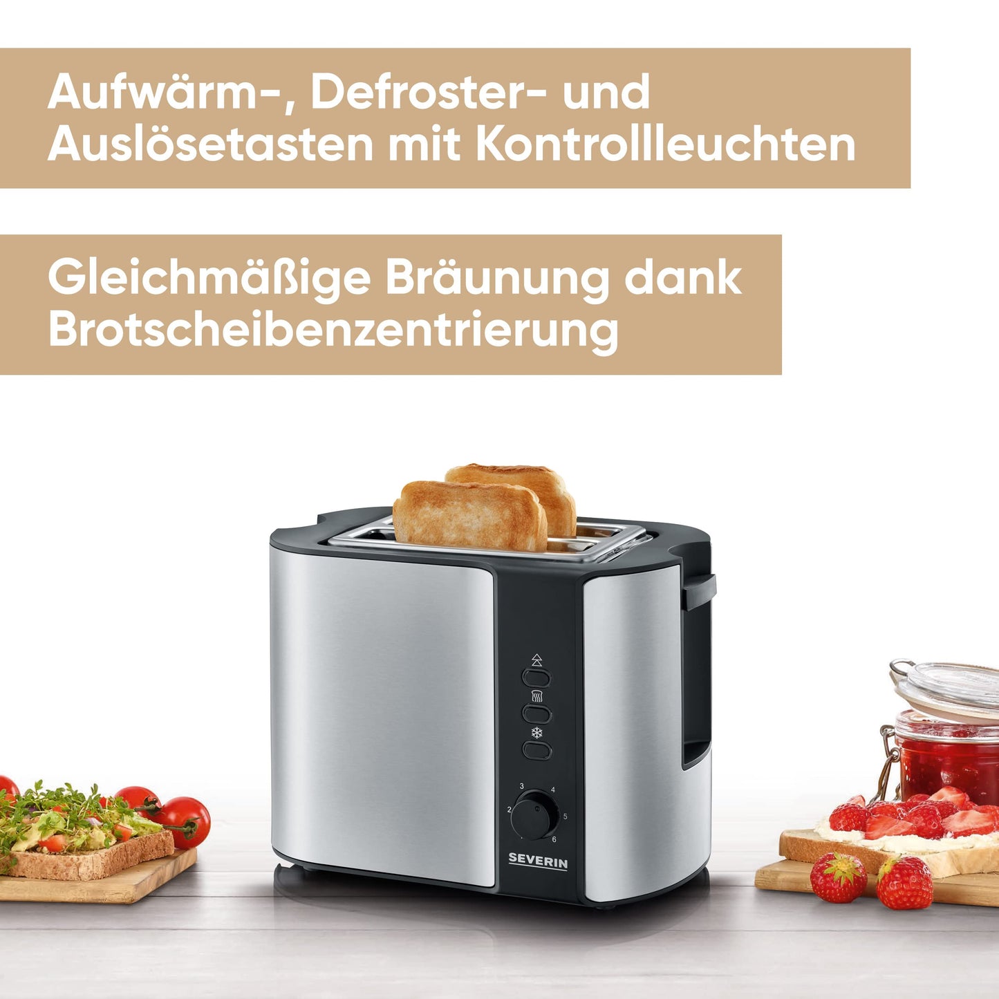 SEVERIN Automatik-Toaster, Toaster mit Brötchenaufsatz, hochwertiger Edelstahl Toaster zum Toasten, Auftauen und Erwärmen, 800 W, Edelstahl-gebürstet/schwarz, AT 2589