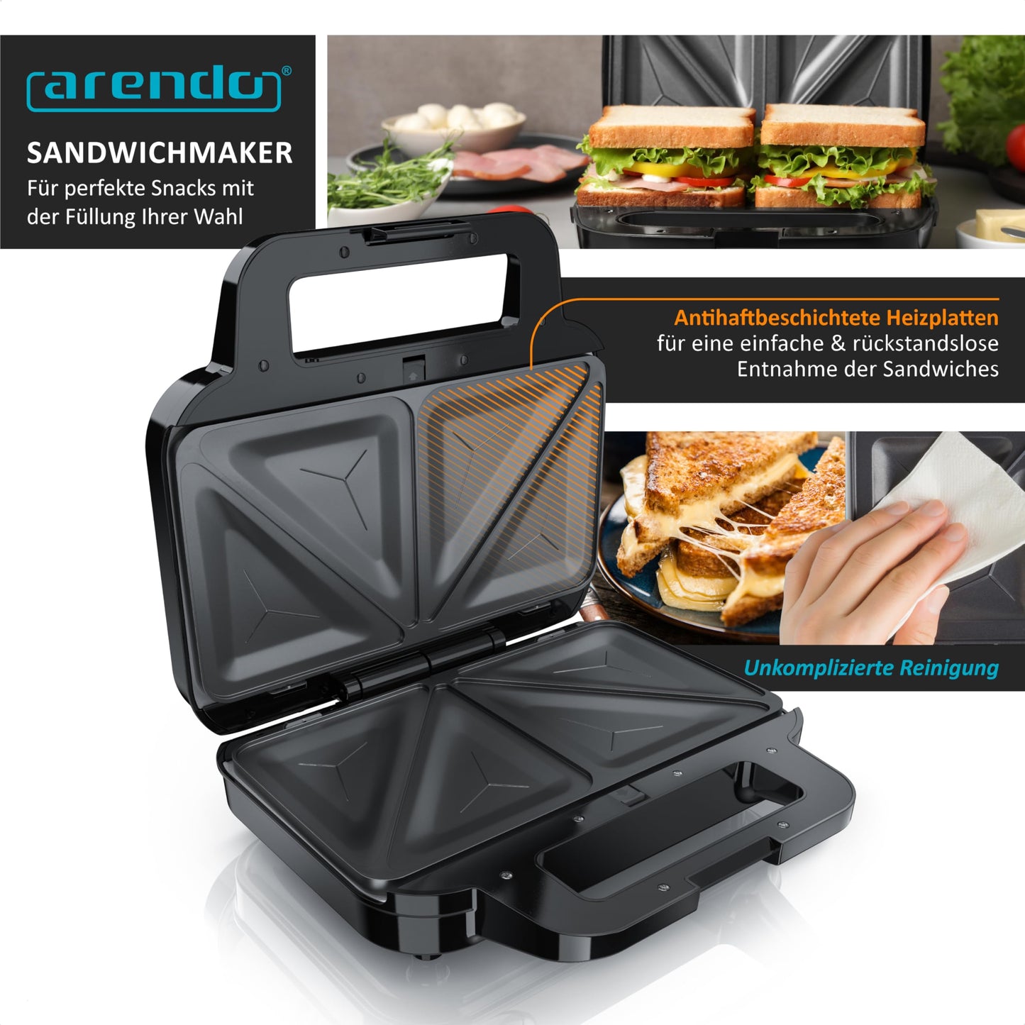 Arendo - Sandwichmaker mit abnehmbaren Platten - Antihaftbeschichtung - BPA und PFOA frei - Temperaturkontrolle – Sandwich Maker - Sandwichtoaster für große Toasts