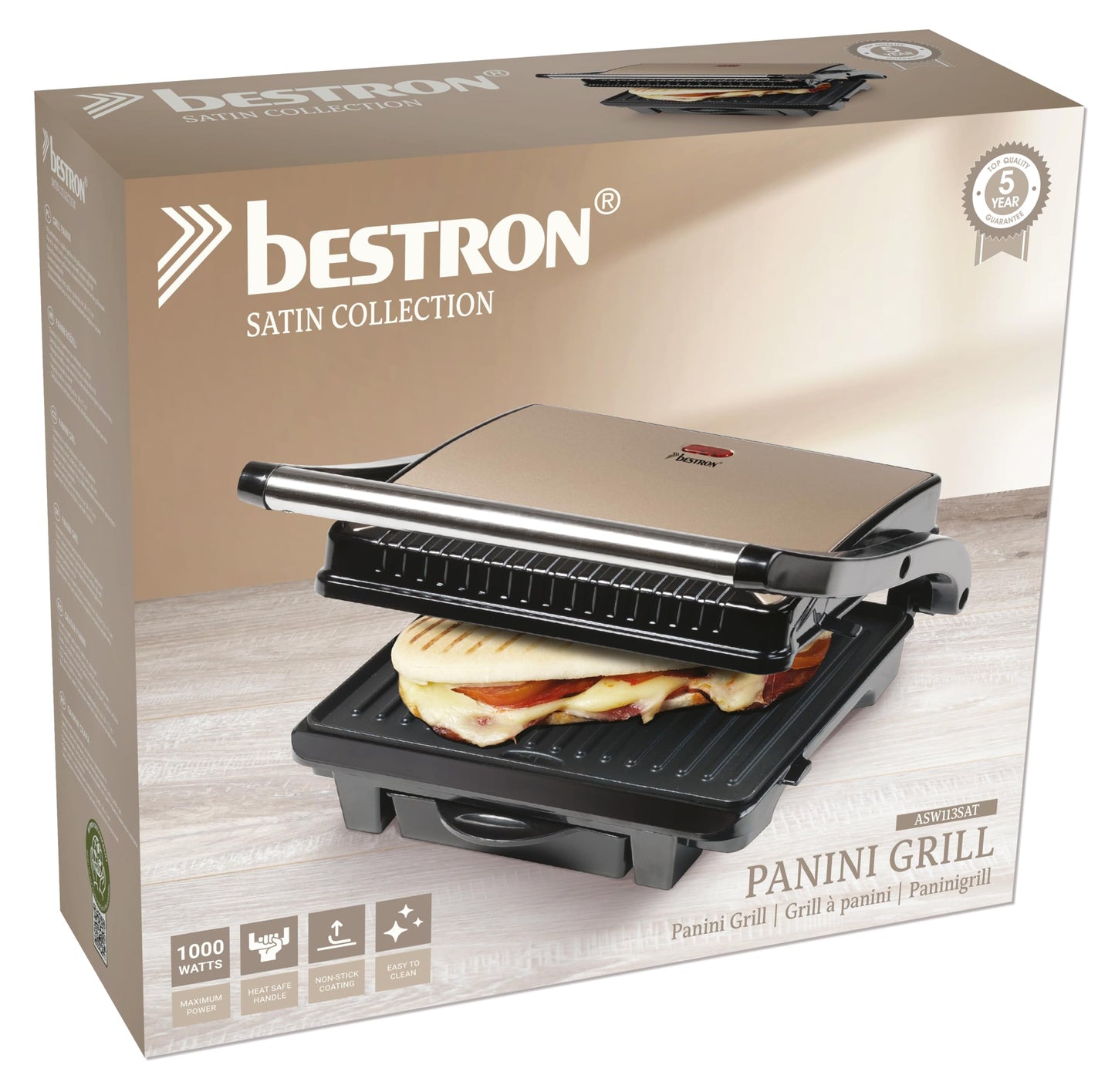 Bestron elektrischer Kontaktgrill mit Auffangschale, Sandwichmaker mit Cool-Touch-Handgriff & Antihaftbeschichtung, Paninimaker mit 1000 Watt, ASW113SAT, Farbe: Hellbeige