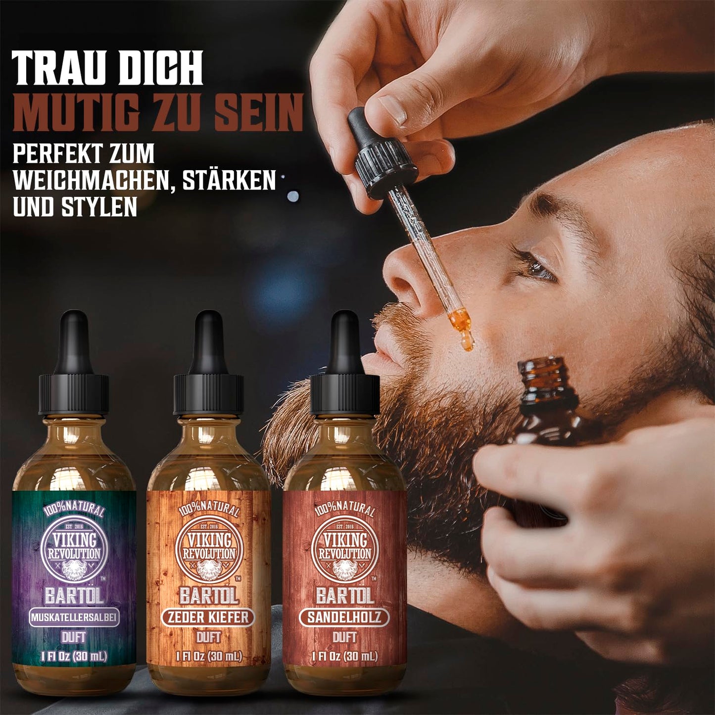 Viking Revolution - Bartöl - Macht Weich, Schützt und Stärkt - Aus Ganz Natürlichen Sandelholz, Kiefer, Zeder Und Muskatellersalbei - Bartöl Herren - Geschenke Für Männer - Set 3 x 30 ml