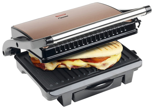 Bestron elektrischer Kontaktgrill mit Auffangschale, Sandwichmaker mit Cool-Touch-Handgriff & Antihaftbeschichtung, Paninimaker mit 1000 Watt, ASW113CO, Farbe: Kupfer, Ø 28,5 cm