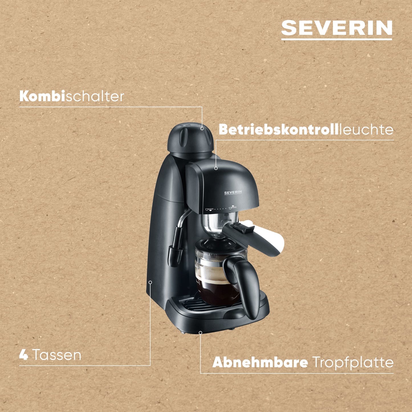 SEVERIN Espressomaschine, kleine Kaffeemaschine für bis zu 4 Tassen Espresso, Kaffeemaschine mit Milchschäumer für Kaffee-Milch-Spezialitäten, ideal für Singles, schwarz, KA 5978