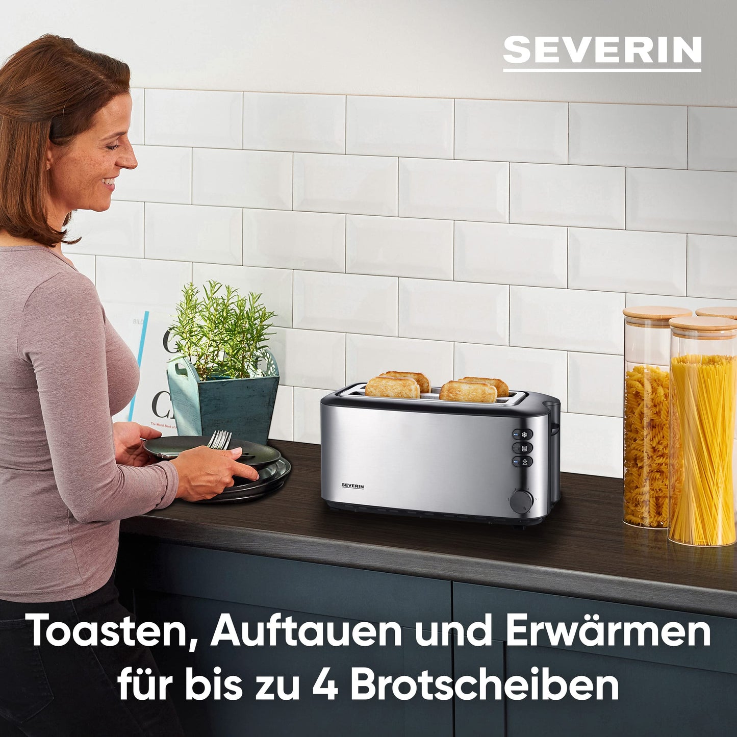 SEVERIN Automatik-Langschlitztoaster, Toaster mit Brötchenaufsatz, hochwertiger Edelstahl Toaster mit großen Röstkammern und 1400 W Leistung, Edelstahl-gebürstet/schwarz, AT 2509