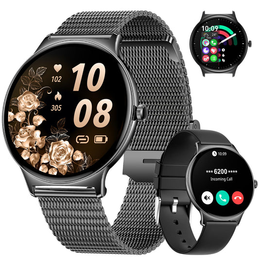 Smartwatch Damen Mit Telefonfunktion,1.43"AMOLED Fitnessuhr Mit Herzfrequenz/Spo2/Schlafmonitor Kompatibel Android iOS,SchrittzäHler Kalorien IP68 Wasserdicht Smart Watch 100+Sport Modi Schwar