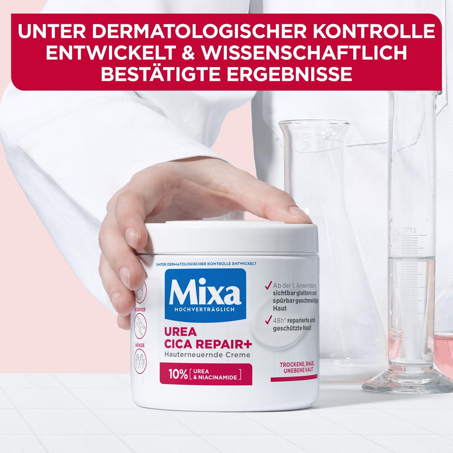 Mixa Urea hauterneuernde Creme mit Urea & Niacinamide, für trockene und raue und unebene Haut, repariert und glättet, Feuchtigkeitspflege für den Körper, Hände und Gesicht, Urea Cica Repair+, 400 ml