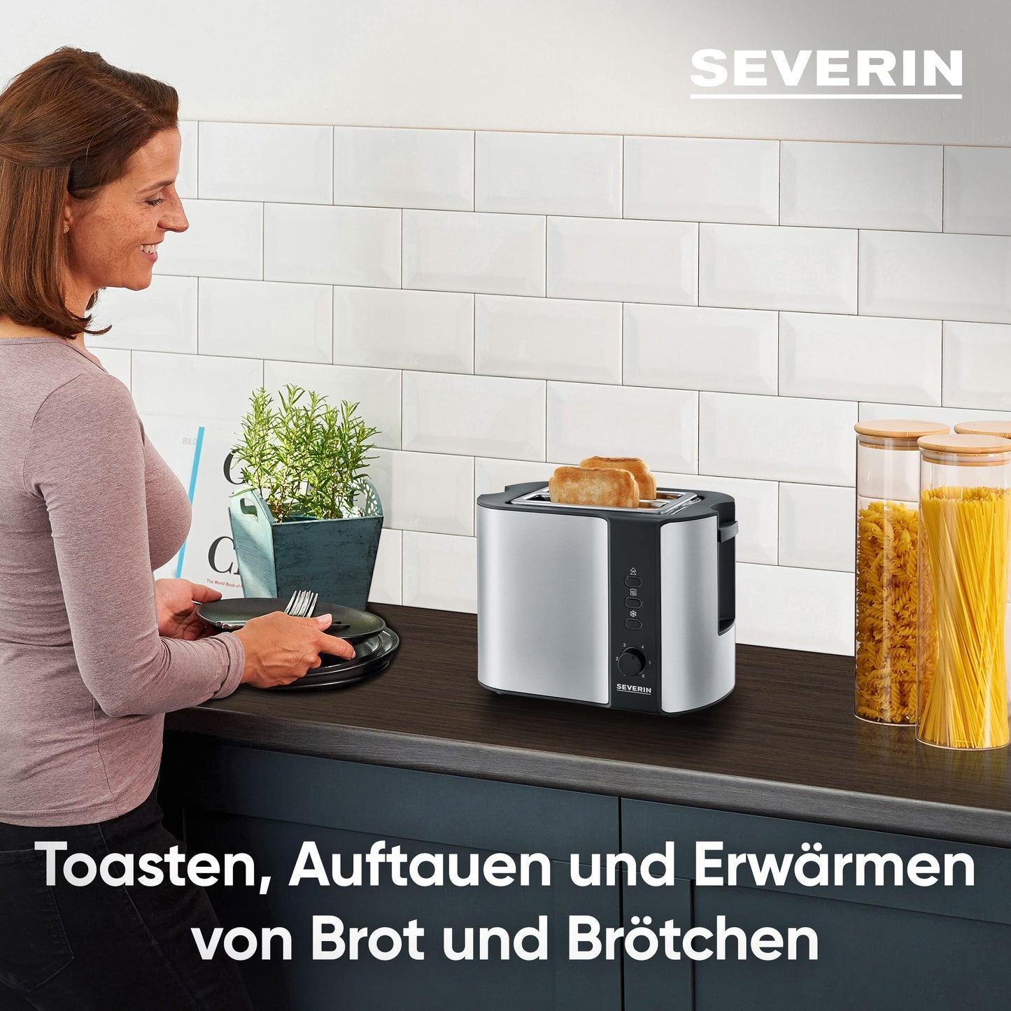 SEVERIN Automatik-Toaster, Toaster mit Brötchenaufsatz, hochwertiger Edelstahl Toaster zum Toasten, Auftauen und Erwärmen, 800 W, Edelstahl-gebürstet/schwarz, AT 2589