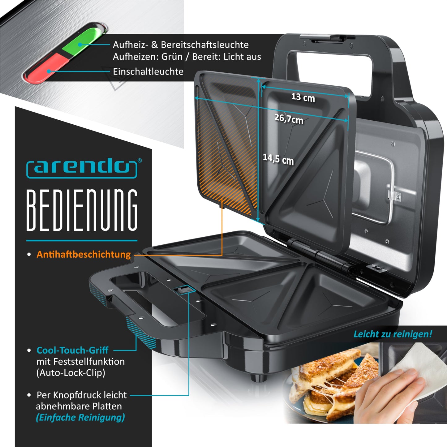 Arendo -Sandwichmaker mit Wechselplatten - Waffeleisen doppelt - 4 in 1 - Panini Maker Kontaktgrill - Antihaftbeschichtung - BPA und PFOA frei - Temperaturkontrolle – Sandwich Maker - Sandwichtoaster