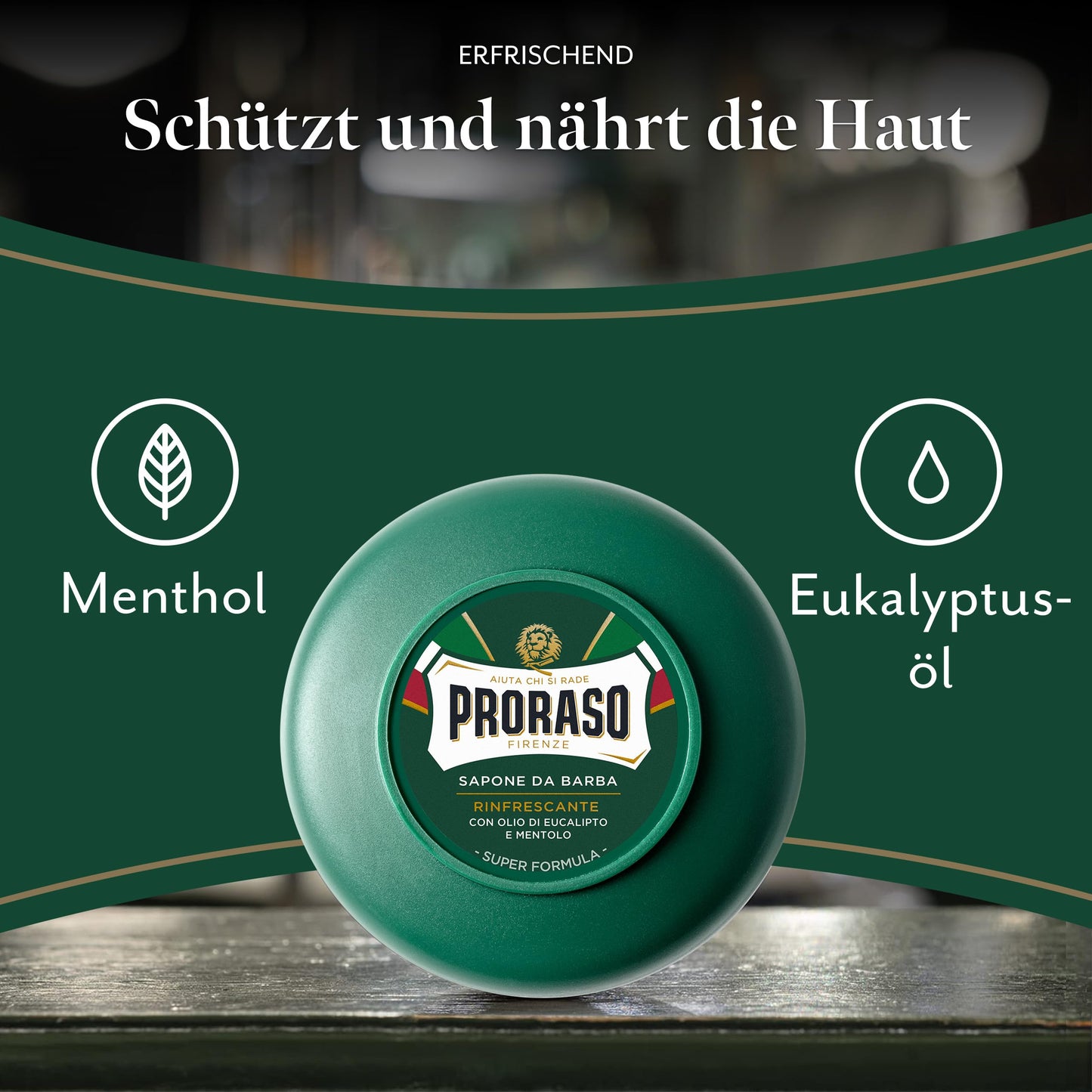 Proraso Shaving Soap inklusive Seifenschale, 150 ml, erfrischende und belebende Rasierseife für Herren mit Eukalyptusöl und Menthol, Made in Italy, Grün