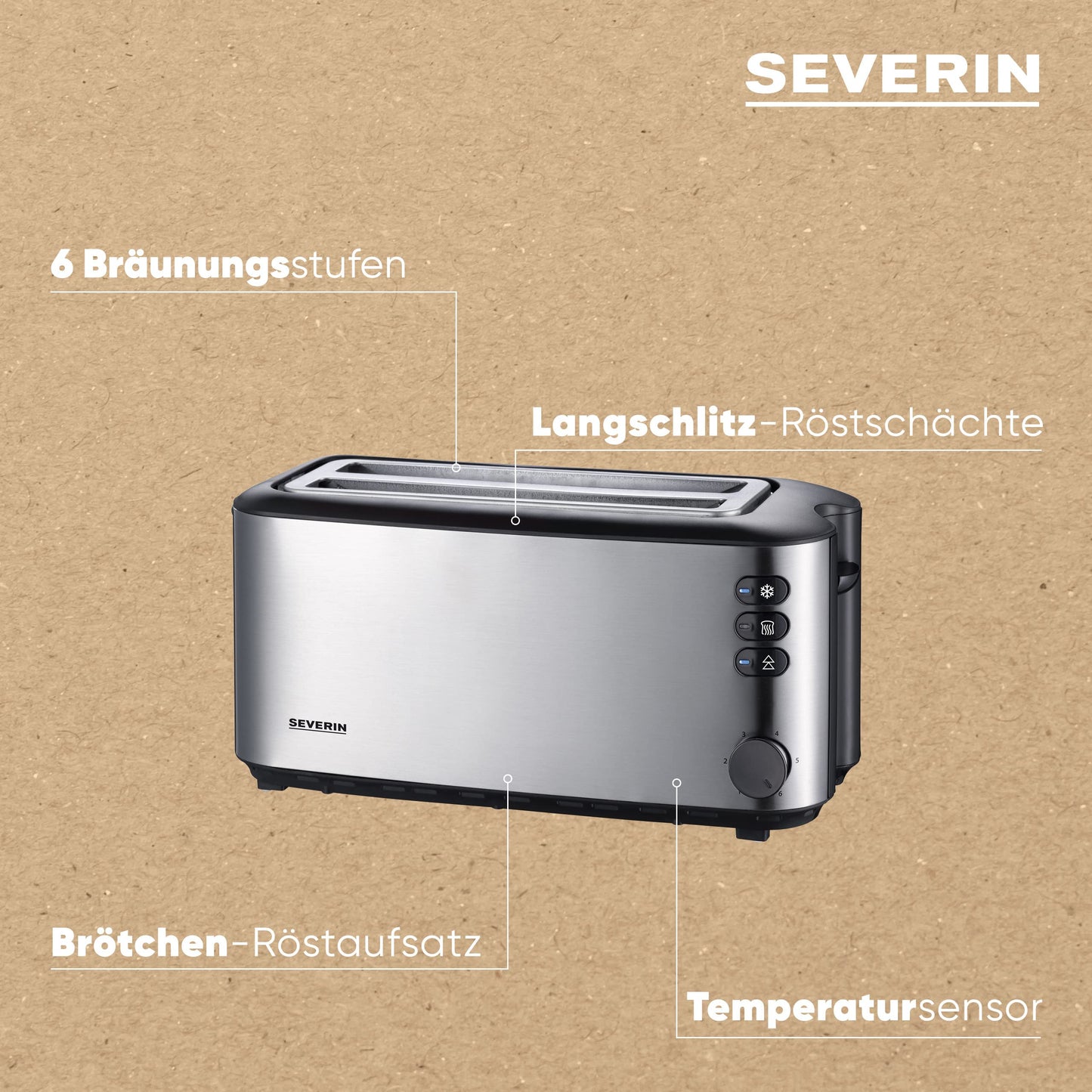 SEVERIN Automatik-Langschlitztoaster, Toaster mit Brötchenaufsatz, hochwertiger Edelstahl Toaster mit großen Röstkammern und 1400 W Leistung, Edelstahl-gebürstet/schwarz, AT 2509