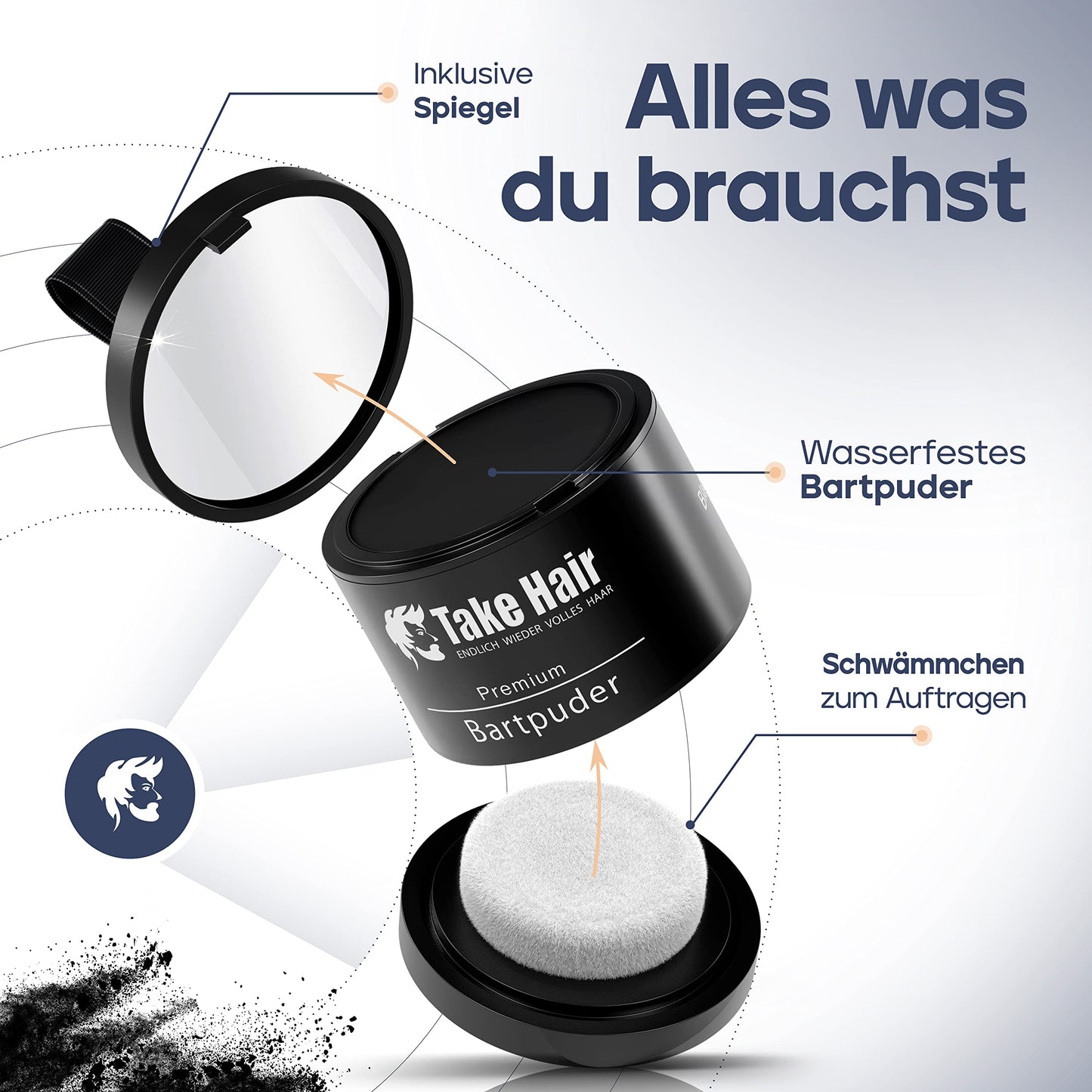 Take Hair Bartfärbemittel I 100% wasserfest I 4g Bartpuder für einen volleren Bart, Bartfärbemittel I Grauabdeckung I Bartverdicker zum Bart färben (Bartpuder Schwarz)