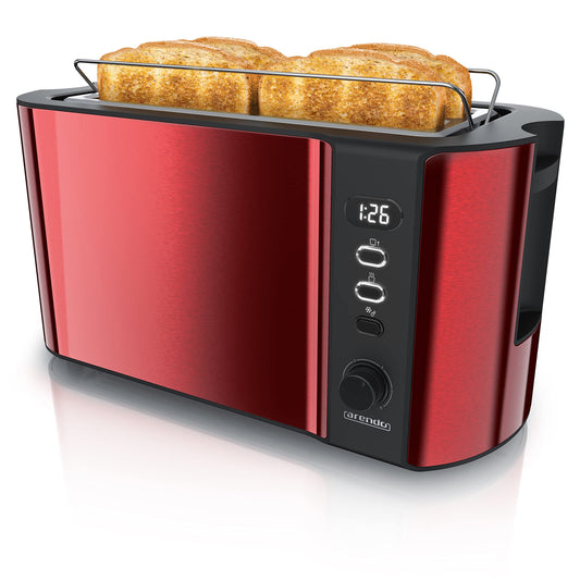 Arendo - Edelstahl Toaster Langschlitz 4 Scheiben - Defrost Funktion - wärmeisolierendes Gehäuse - mit integrierten Brötchenaufsatz - 1500W - Krümelschublade - Display mit Restzeitanzeige - Karminrot