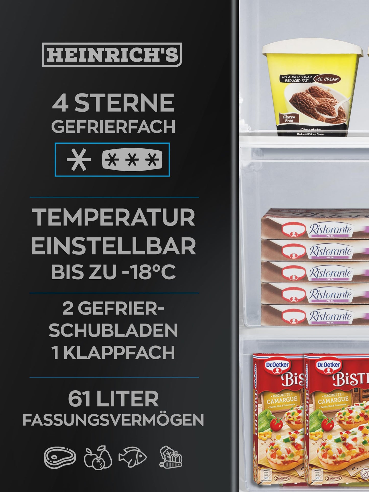 HEINRICHS Gefrierschrank, Freezer, 3x Gefrierschublade, 7 Stufen Temperaturregler,Airflow, wechselbarer Türanschlag, 61 Liter Nutzinhalt, Temperatur:-18°C~-38°C, weiß