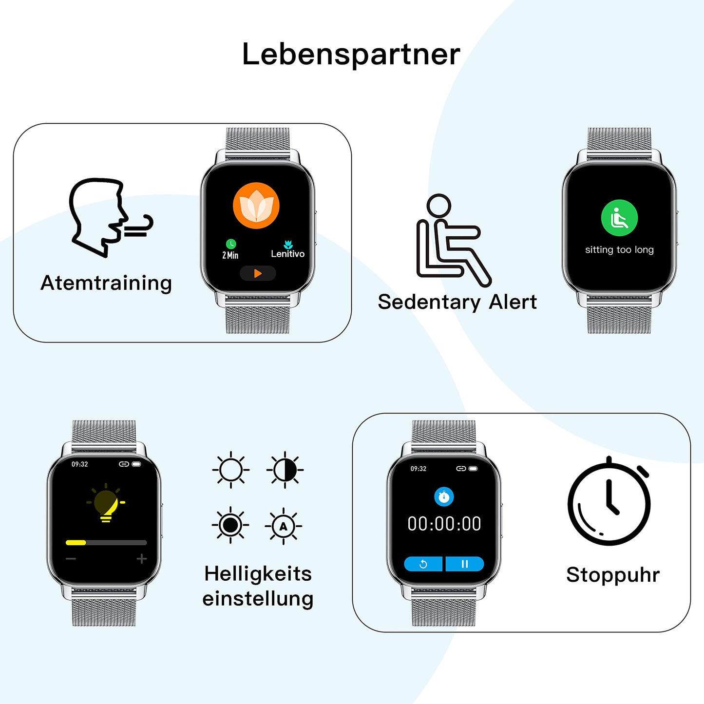 Popglory Smartwatch für Damen Herren, 1.85 Zoll Touch-Farbdisplay mit Bluetooth Anrufe,Fitnessuhr mit SpO2 Blutdruckmessung Herzfrequenz Schrittzähler Schlafmonitor, Musikwiedergabe, Silber,Grau