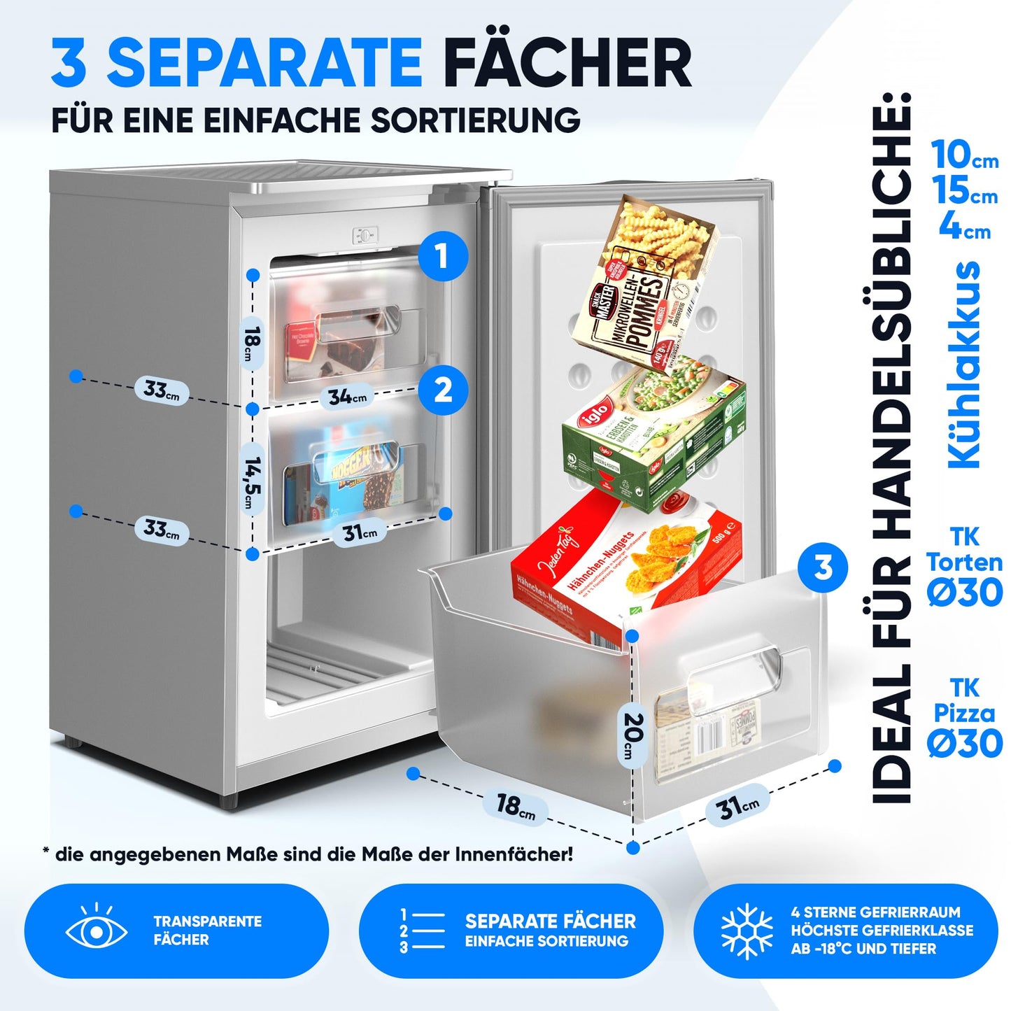 Stillstern Gefrierschrank E (73L) 4-Sterne-Gefrierfach -18°C, geringer Energieverbrauch, 3 Fächer, stufenlos regelbare Temperatur, wechselbarer Türanschlag, Gefrierschrank Klein, Tiefkühlschrank