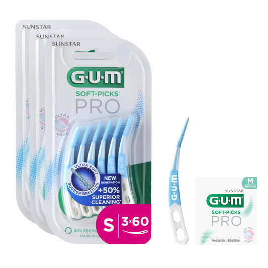 GUM SOFT-PICKS PRO Interdentalreiniger | gebogene Form für leichten Zugang zu schwer zugänglichen Stellen | sanfte Wirkung für empfindliches Zahnfleisch [S - 3x60]