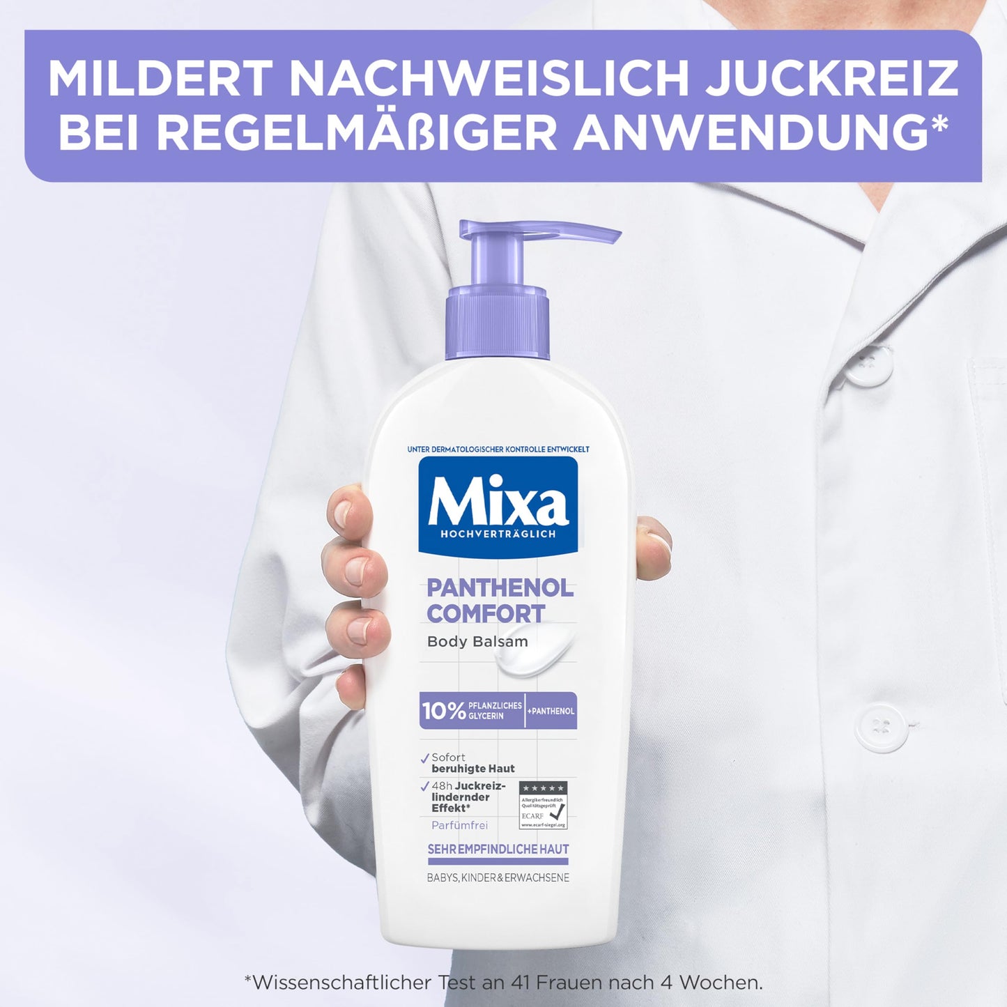 Mixa Panthenol Body Lotion XXL, juckreizlindernder und beruhigender Balsam, mit Panthenol und pflanzlichem Glycerin, für empfindliche, sensible Haut, mildert Juckreiz Mixa Panthenol Comfort, 400 ml