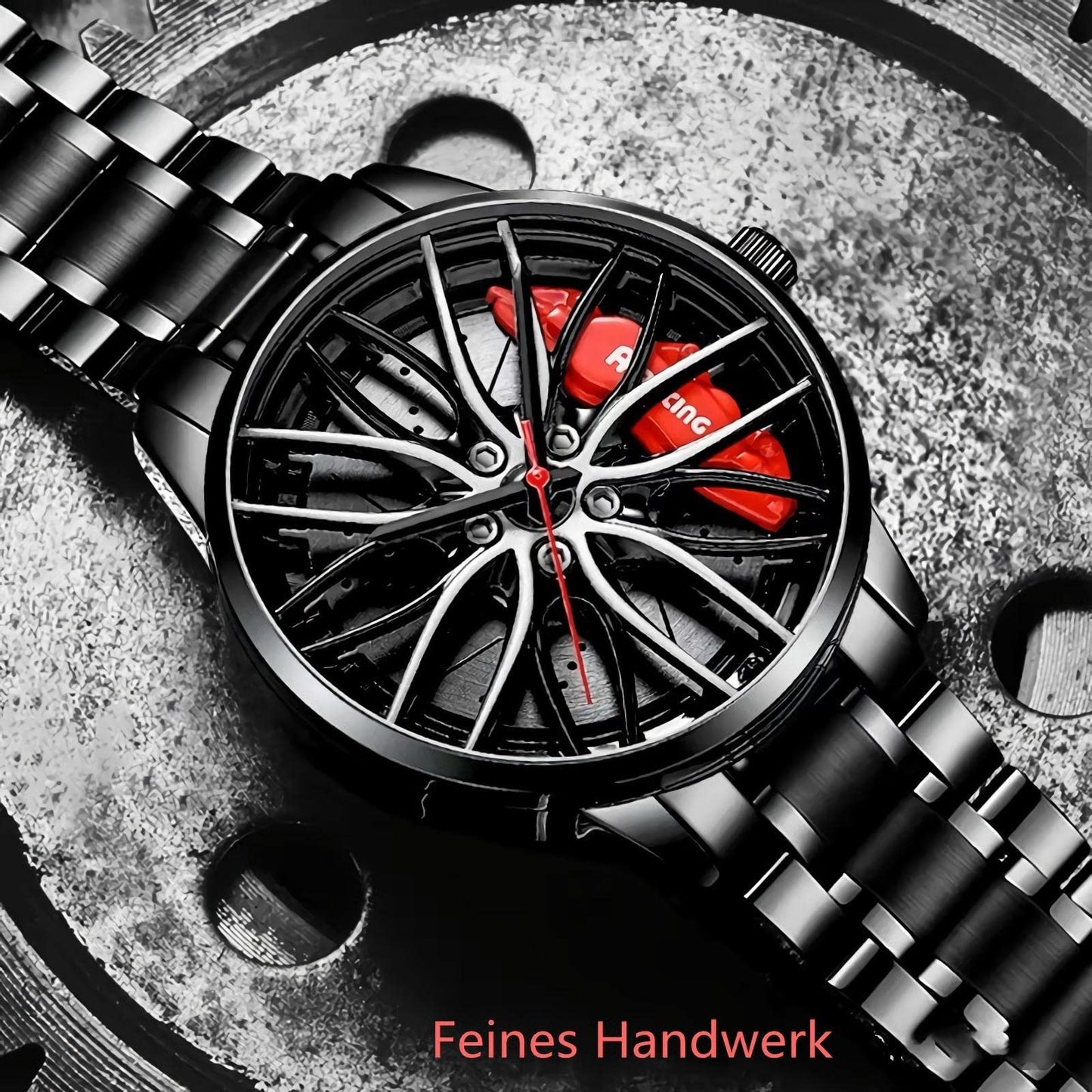 RWXCOW Herren Uhr Kreativ Armbanduhren,Autorad Felgennabenuhr,Auto Rad Felgen Nabe Uhr, Männer Sport Wasserdicht Custom Design Armbanduhr,3D Auto Rad Felge Nabe Quarz Herrenuhr Stahlbandrot