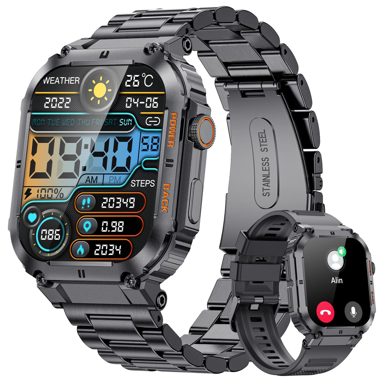 LIGE Smartwatch Herren Militärische mit Telefonfunktion,1.96'' HD Touchscreen,5ATM Wasserdicht,400mah Sportuhr,120+ Sportmodi Aktivitätstracker mit Blutdruck/Herzfrequenz/SpO2/Schlafmonitor Schwarz