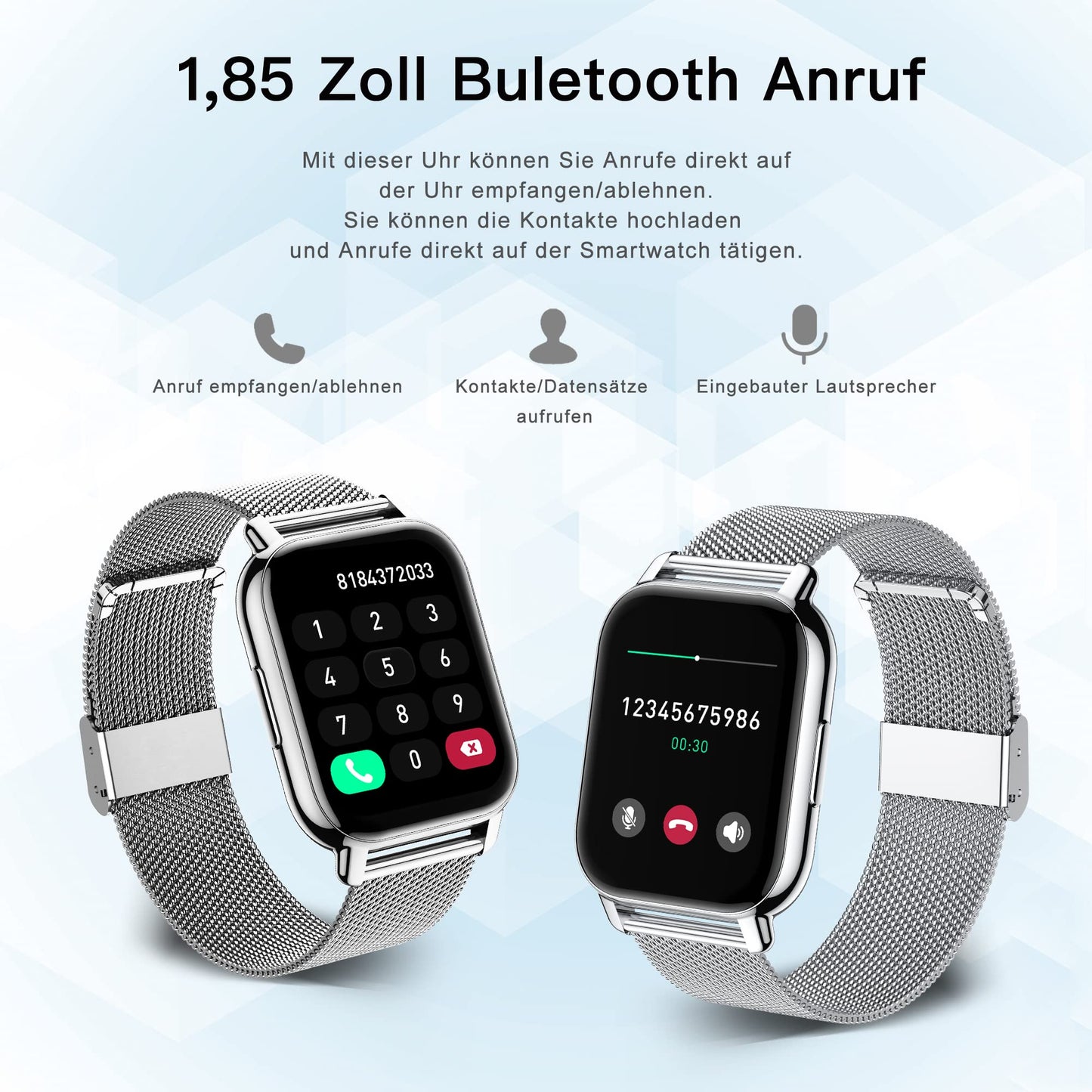 Popglory Smartwatch für Damen Herren, 1.85 Zoll Touch-Farbdisplay mit Bluetooth Anrufe,Fitnessuhr mit SpO2 Blutdruckmessung Herzfrequenz Schrittzähler Schlafmonitor, Musikwiedergabe, Silber,Grau