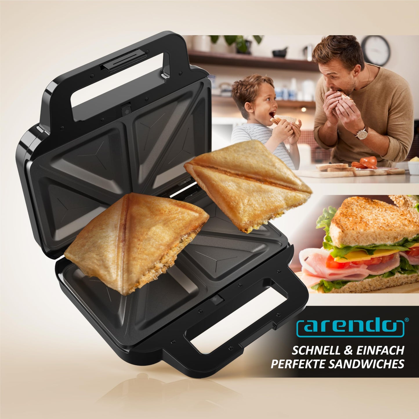 Arendo - Sandwichmaker mit abnehmbaren Platten - Antihaftbeschichtung - BPA und PFOA frei - Temperaturkontrolle – Sandwich Maker - Sandwichtoaster für große Toasts