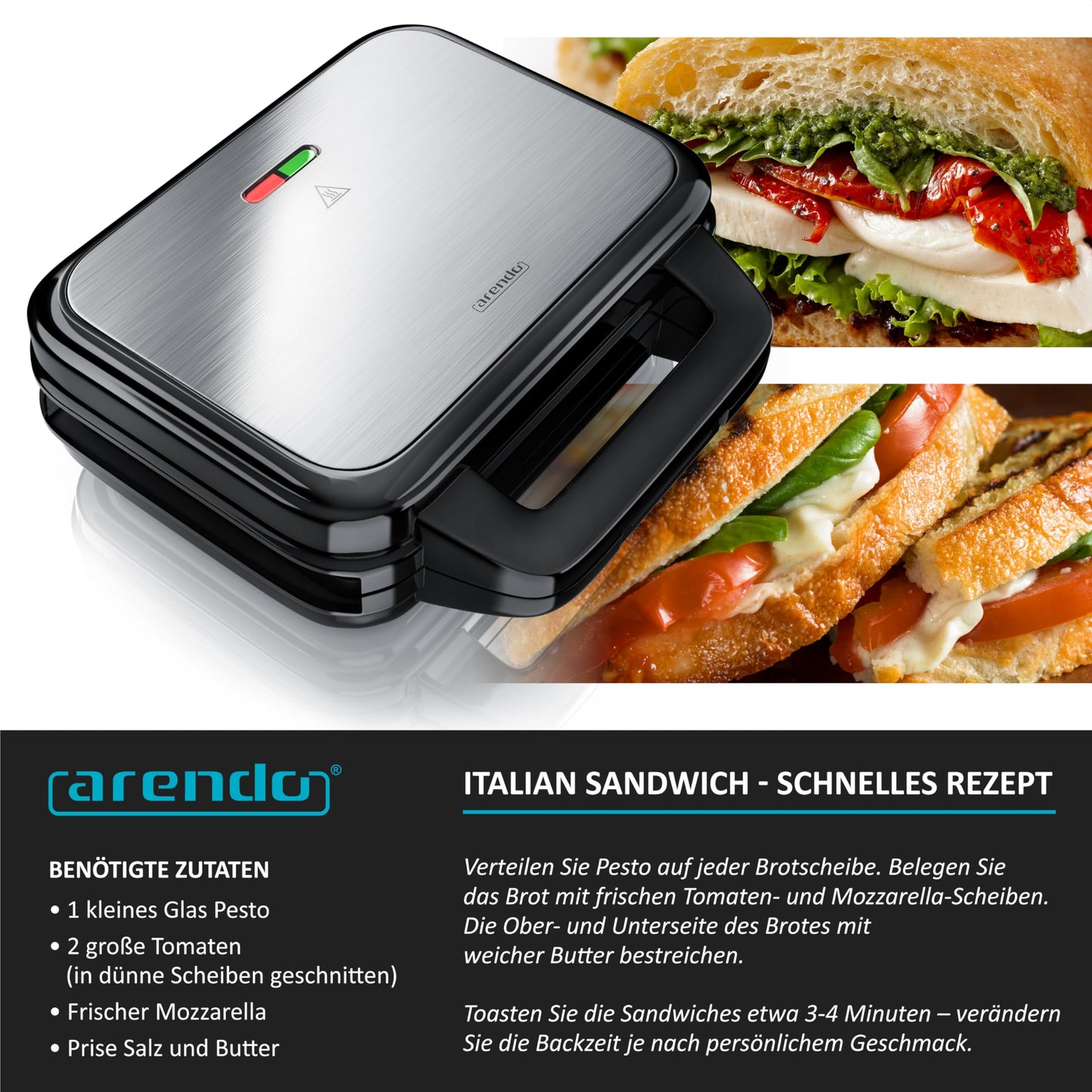 Arendo - Sandwichmaker mit abnehmbaren Platten - Antihaftbeschichtung - BPA und PFOA frei - Temperaturkontrolle – Sandwich Maker - Sandwichtoaster für große Toasts